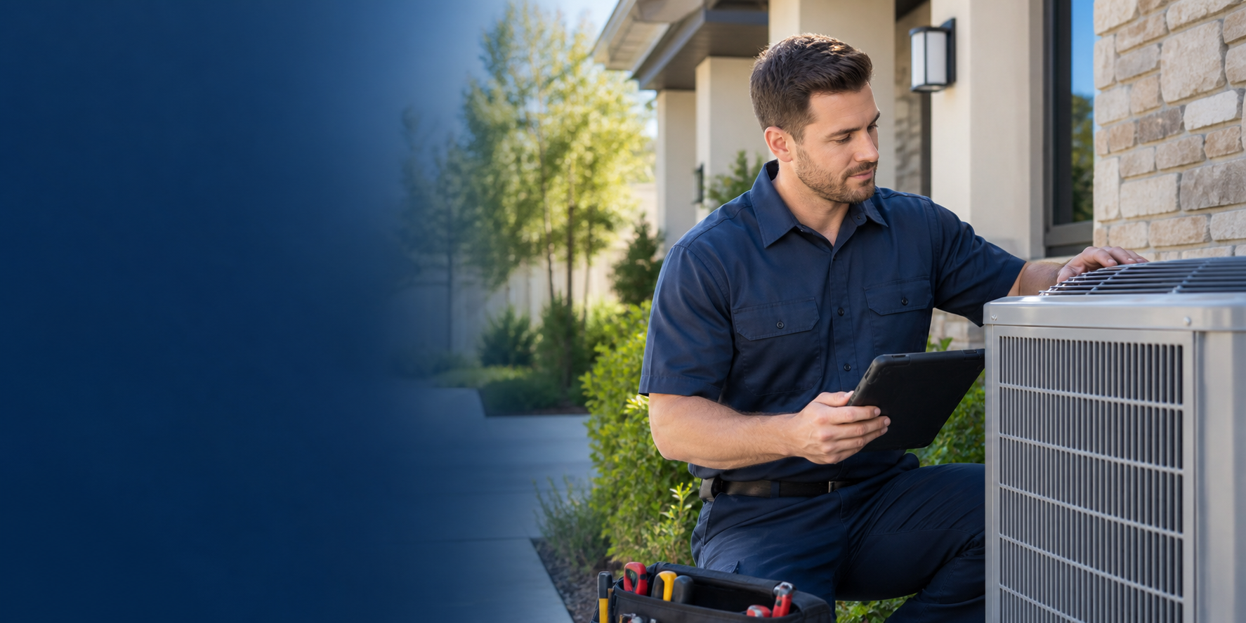 HVAC technician inspecting an outdoor air conditioner